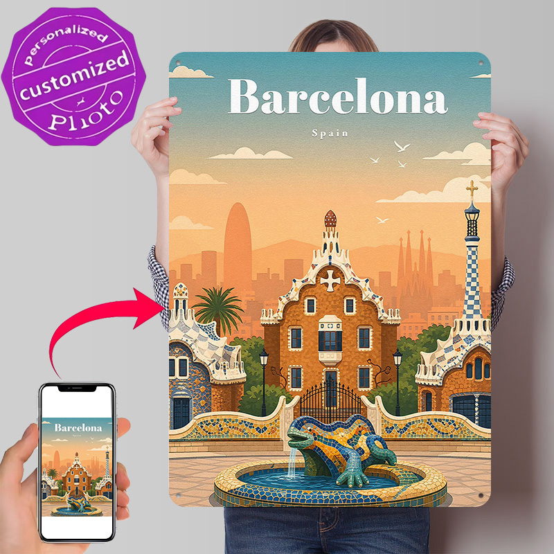 Travel Accessories To 3D Print - โปสเตอร์ลายพิมพ์ 3 มิติ บาร์เซโลนา ของตกแต่งผนังแบบส่วนตัว ป้ายโลหะสไตล์เรโทร