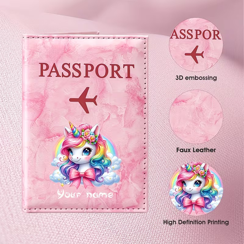 Travel Accessories Passport Holder - ซองใส่หนังสือเดินทาง PU แบบกำหนดเองพร้อมชื่อส่วนตัว ตกแต่งด้วยภาพประกอบยูนิคอร์นเมฆสายรุ้ง เหมาะสำหรับการเดินทางในบรรยากาศโรแมนติกแสนฝัน