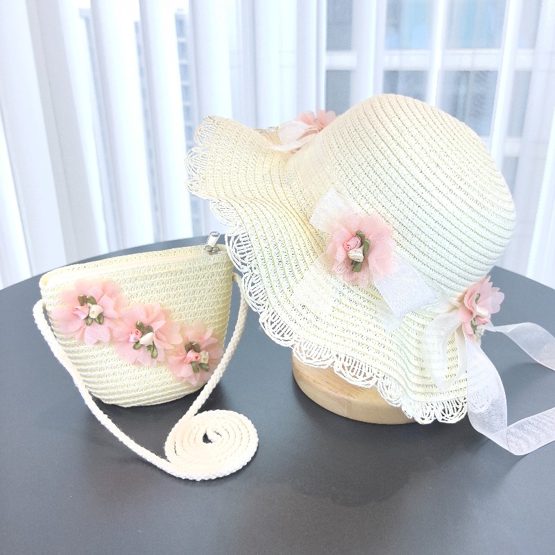 Travel Accessories For 10 Year Old Girl - หมวกฟางเด็กผู้หญิง 2 ชิ้น สีพื้น สำหรับเดินทางกลางแจ้ง หมวกกันแดดลายดอกไม้